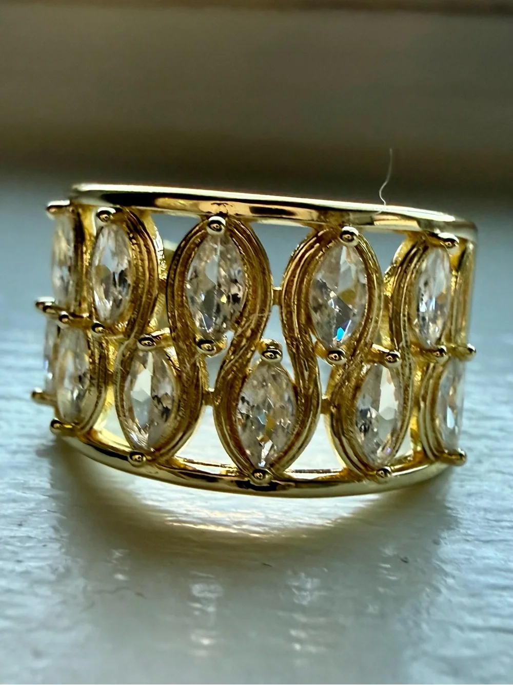 NEW!! 18k Yellow Gold Marquise Cubic Zirconia Wide Band Open Back Ring